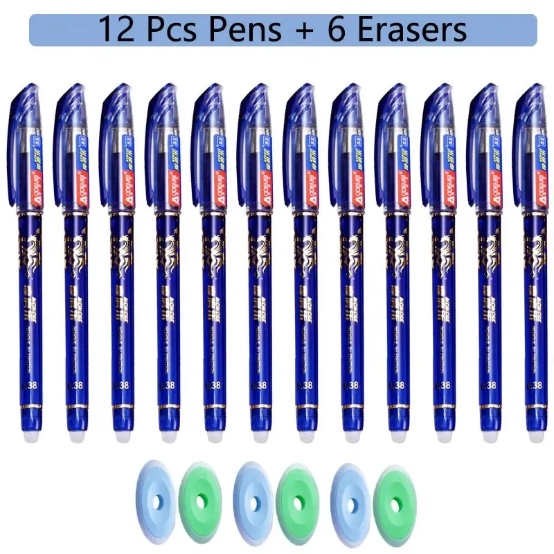 canetas gel apagaveis com haste de recarga caneta esferografica punho lavavel material escolar escritorio escrita papelaria preto e azul 05 mm 12 pcs set 01