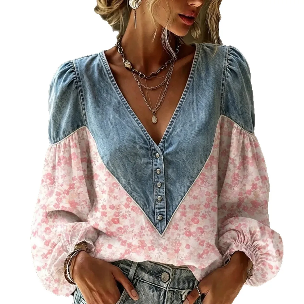 Cowboy Patchwork Shirt Deep V-neck Fluffy Long Sleeved Button Up Shirt With Floral Print Patch For Women Casual Street Date Top 5