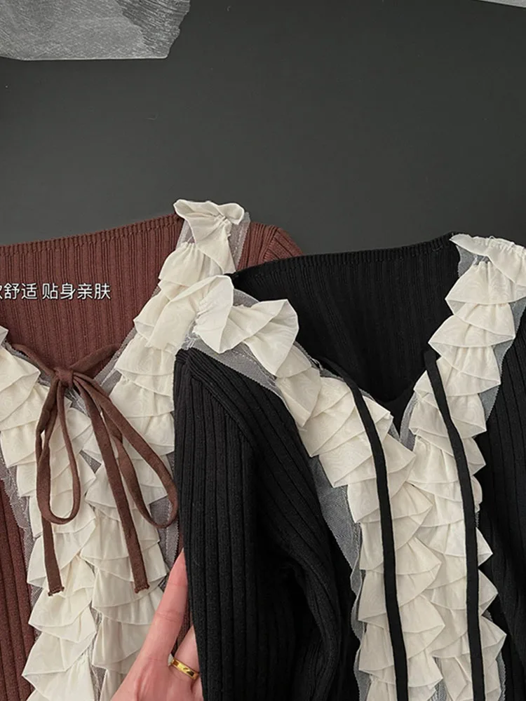 French Elegance Fashion Simple Ruffle Knitted Sweater Daily V-Neck Long Sleeve Chic Pullovers Lace Up Autumn Winter Streetwear