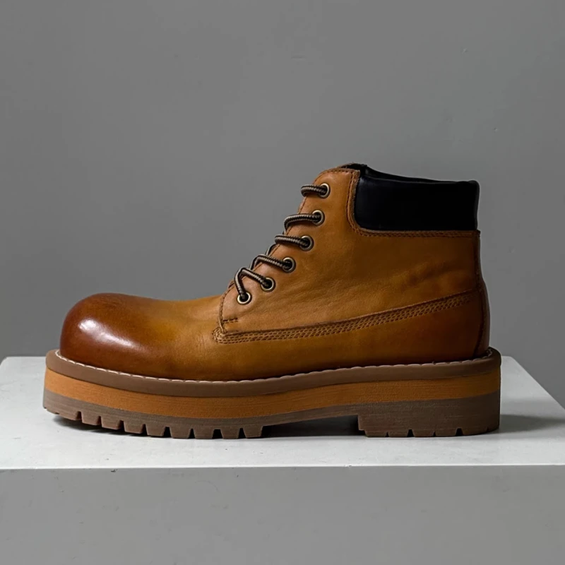 British Style Men Ankle Boots Brown Retro Genuine Leather Casual Trendy Thick-sole Work Shoes Outdoor Hiking Desert Boots