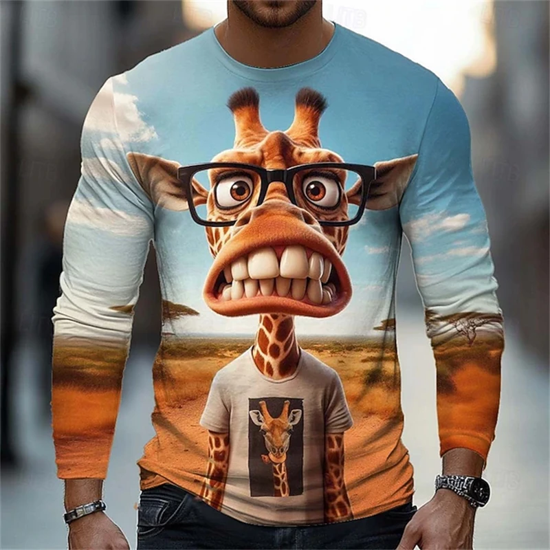 2026 Spring New Arrival Men's Giraffe-Print T-Shirt – Fun Animal Print Long-Sleeve Fashionable Casual Round Neck Loose Fit