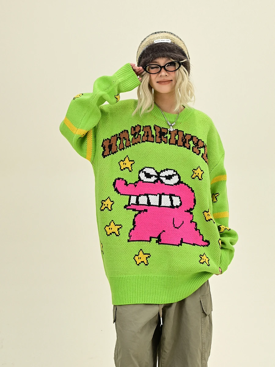 Dopamine Cartoon Crew Neck Sweaters Women's 2024 Winter New Loose Bf American Retro Knitted  Tide