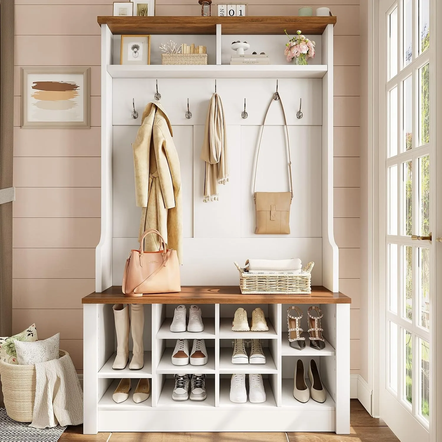 Hall Tree with Bench and Shoe Storage, 3-in-1 Entryway Bench with Coat Rack, Hall Tree with Adjustable Shoe Storage and Hanging Hooks, White and Brown (White and Brown)