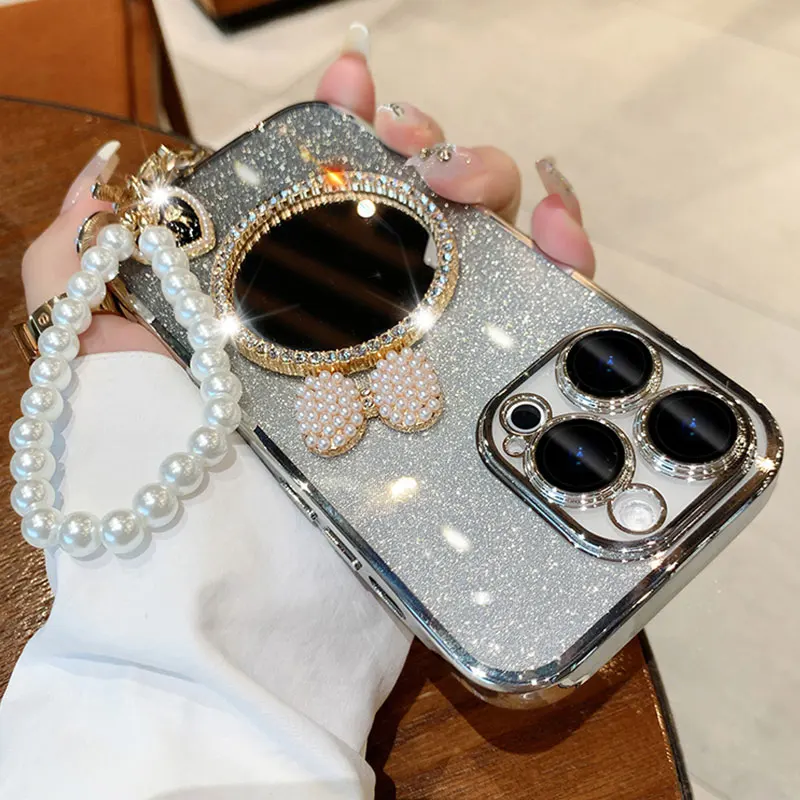 15promax Case with Pearl Lanyard Cover For iphone 15 14 plus 13 12 11 pro max 7 8 X Luxury Bling Glitter Mirror Case iphone15pro image 4