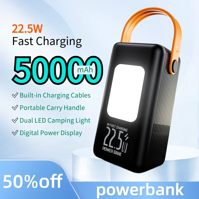 50000mAh Power Bank 22.5W Fast Charge Built in Cables Outdoor Portable Charger LED Camping Light Powerbank for IPhone Samsung