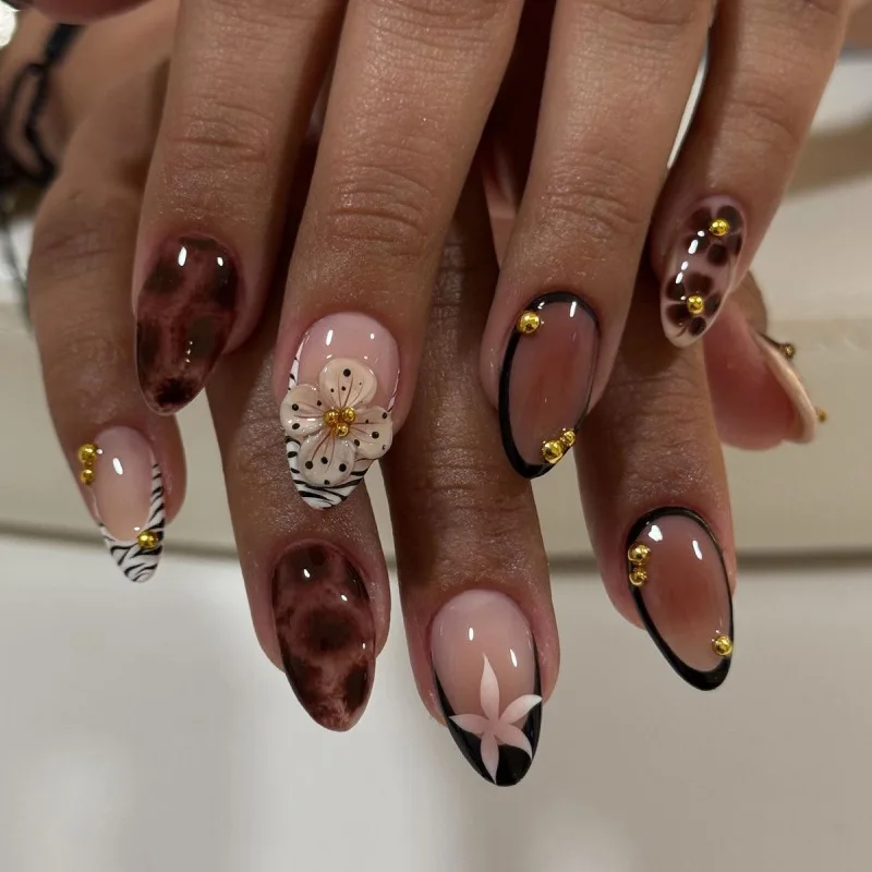 

Nude Brown Tortoise Zebra Stripe 3D Flower Gold Bead Press On Nails, Long Almond Retro Y2K Luxury Party Glossy Reusable False Nail Tips