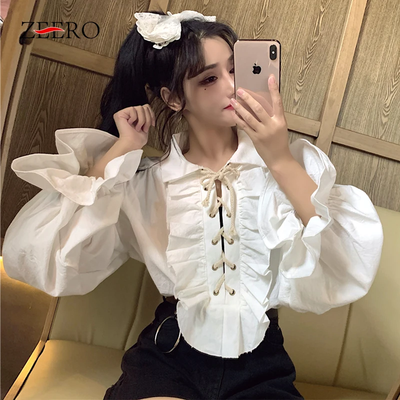 Women White Loose Lace Up Flare Long Sleeve Blouse Female Ruffles Goth Shirts Sweet Spring Autumn Blusas Elegant Womens Tops