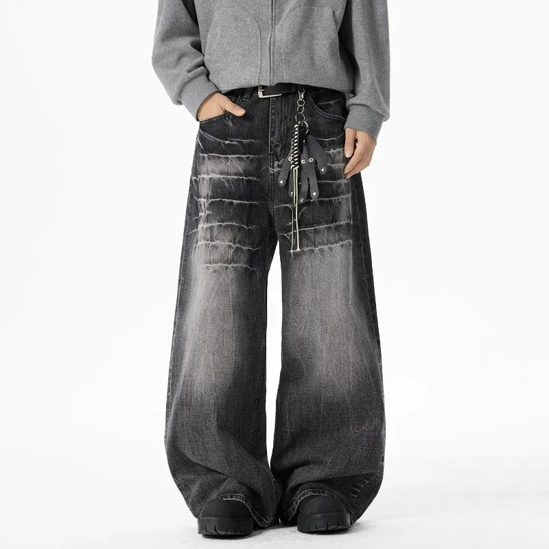 

Модные мужские джинсы в американском стиле, черно-серые, с эффектом потертости, с винтажным принтом в виде молнии, свободные, широкие, длинные брюки из денима.