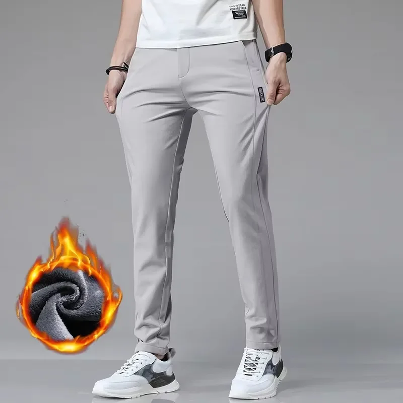 Winter Thick Men's Plush Lined Pants, Business Casual Slim Fit Pants, Fashionable Classic Elastic Waist Korean Velvet Pants