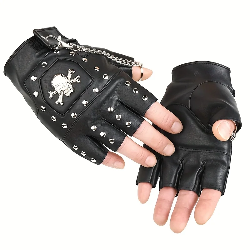 Punk Skull Rivet ถุงมือผู้หญิง Street Dance ผู้ชายแฟชั่นคู่ถุงมือไนท์คลับกันน้ํา PU หนัง Half Finger ถุงมือ