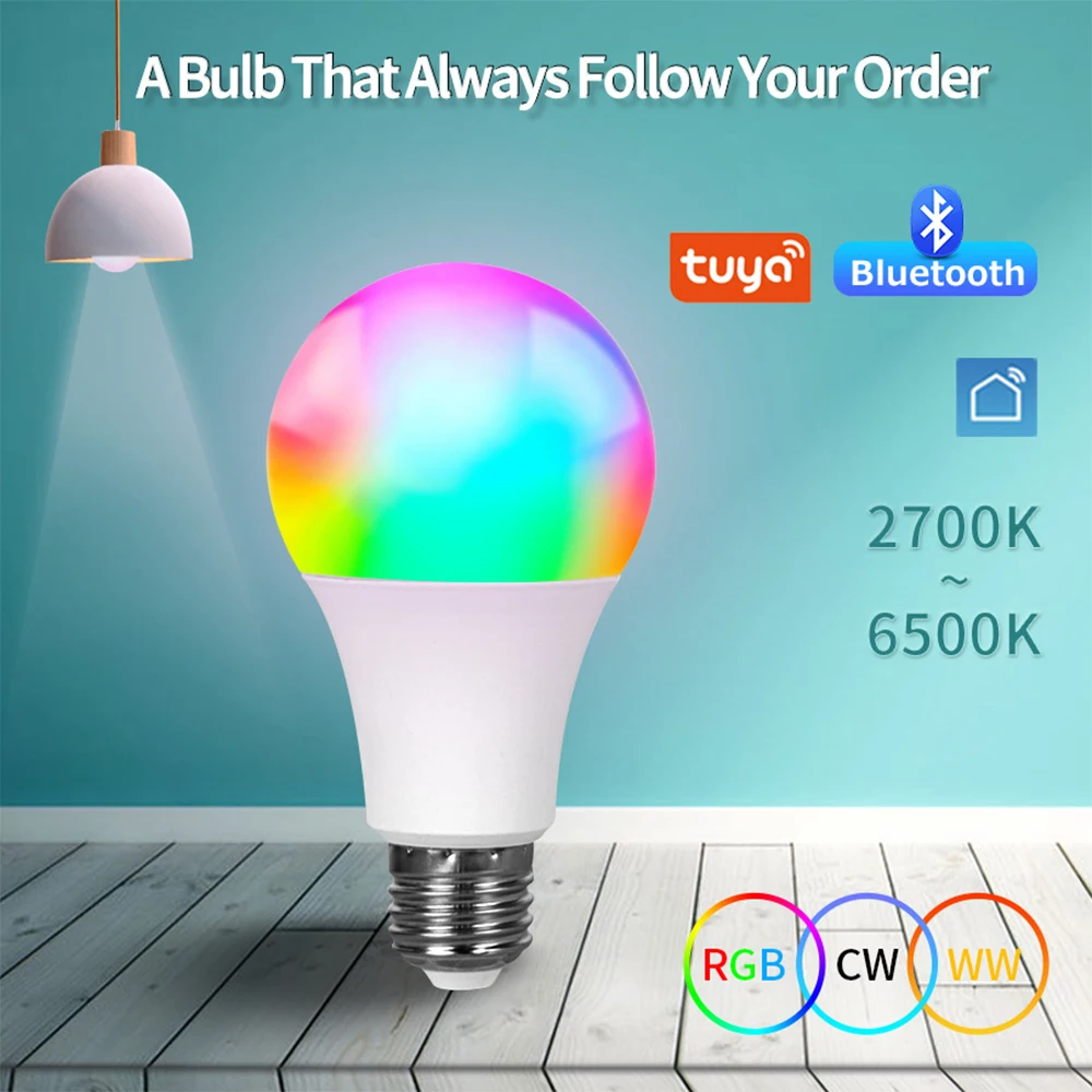 15W WiFi Smart Light Bulb E27 LED RGB Lamp Work with Alexa/Google with Tuya App Home AC85-265V Dimmable Color Change Lamp