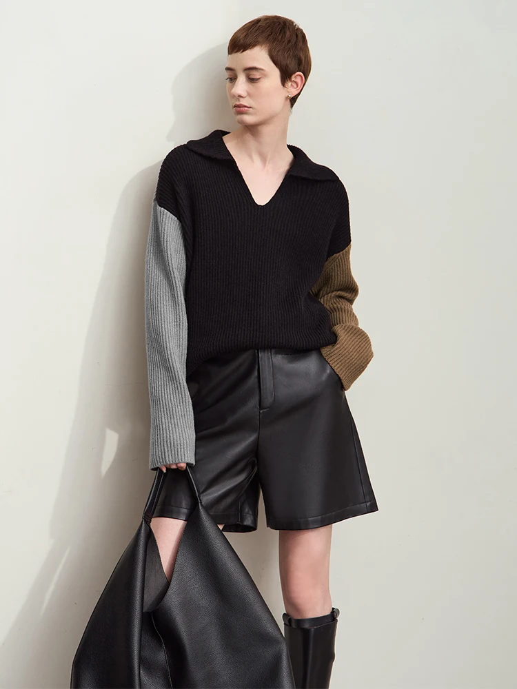 Amii zimowe ubrania damskie 2024 sweter z długim rękawem opadające ramiona dekolt w serek luźne dzianinowe topy Patchwork Office Lady swetry 12444193