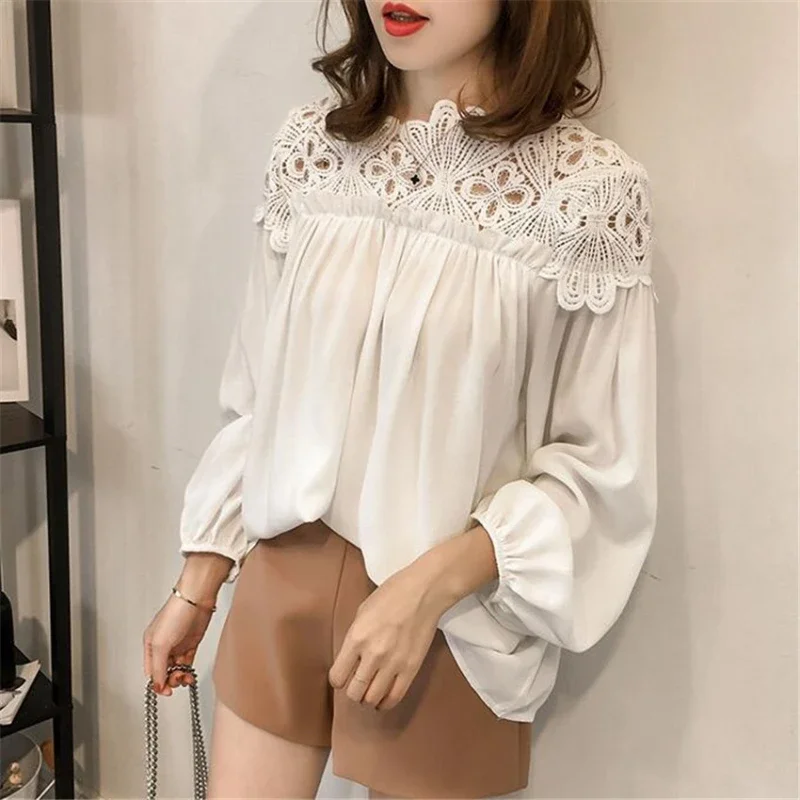 Women Chiffon Blouse Tops Spring Autumn Loose White Lace Blouses Female Long Sleeve Shirt Hollow Long Sleeve Shirt Plus Size