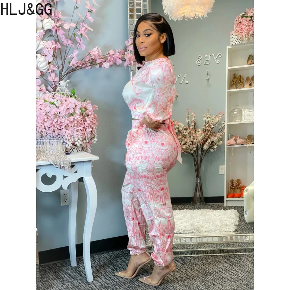 HLJ&GG Spring New Retro Pattern Print Bandage Two Piece Sets Women O Neck Long Sleeve Crop Top And Pants Outfits Female OL Suits