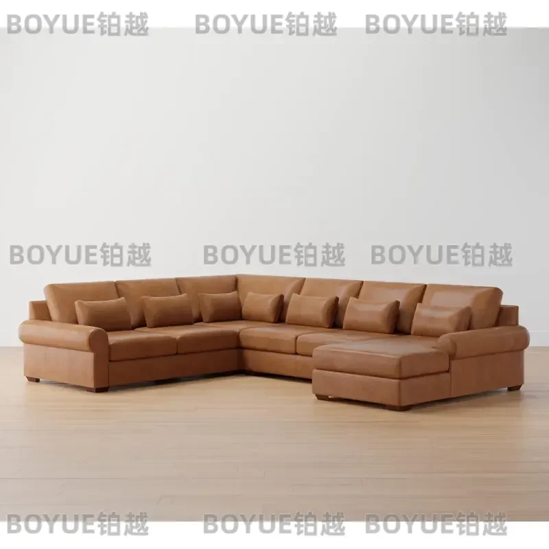 Modular Leather Sofa Set Deep Seat Roller Armrest 4 Piece Living Room Furniture Combination Couch for Home Decor