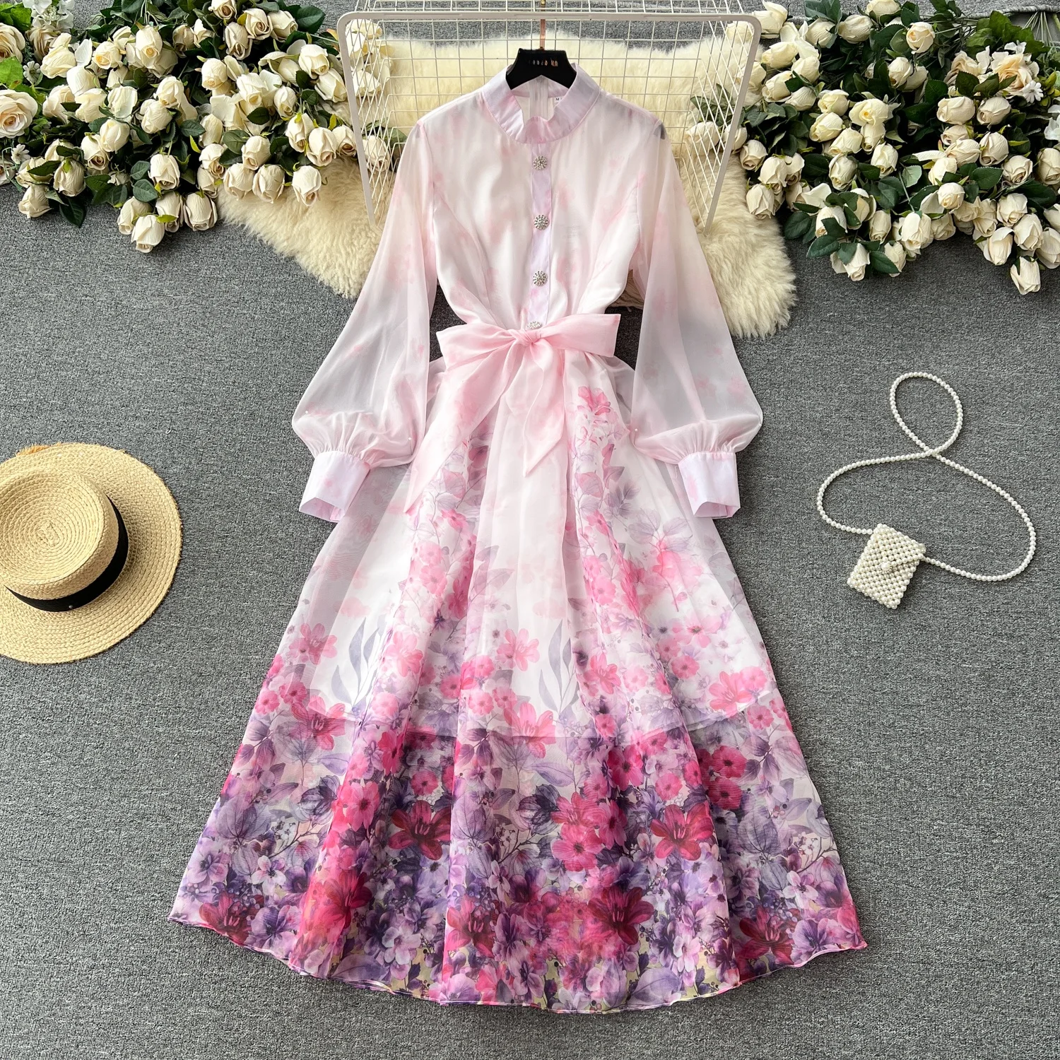 Retro Stand Collar Long Sve Floral Chiffon Dr Women's Spring Autumn New Sle Belted Waist Flared Long Skirt