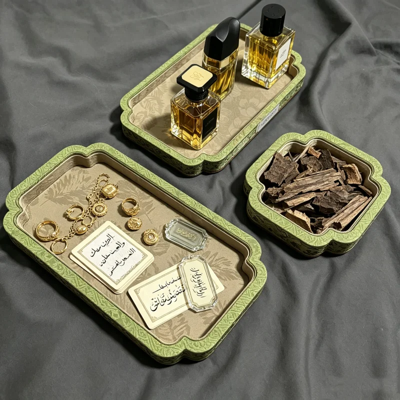 Silk Embroidery Jewelry Box, Eid Mubarak Wooden Display Tray for Ring Necklace Bracelet, Antique Chinese Storage Case