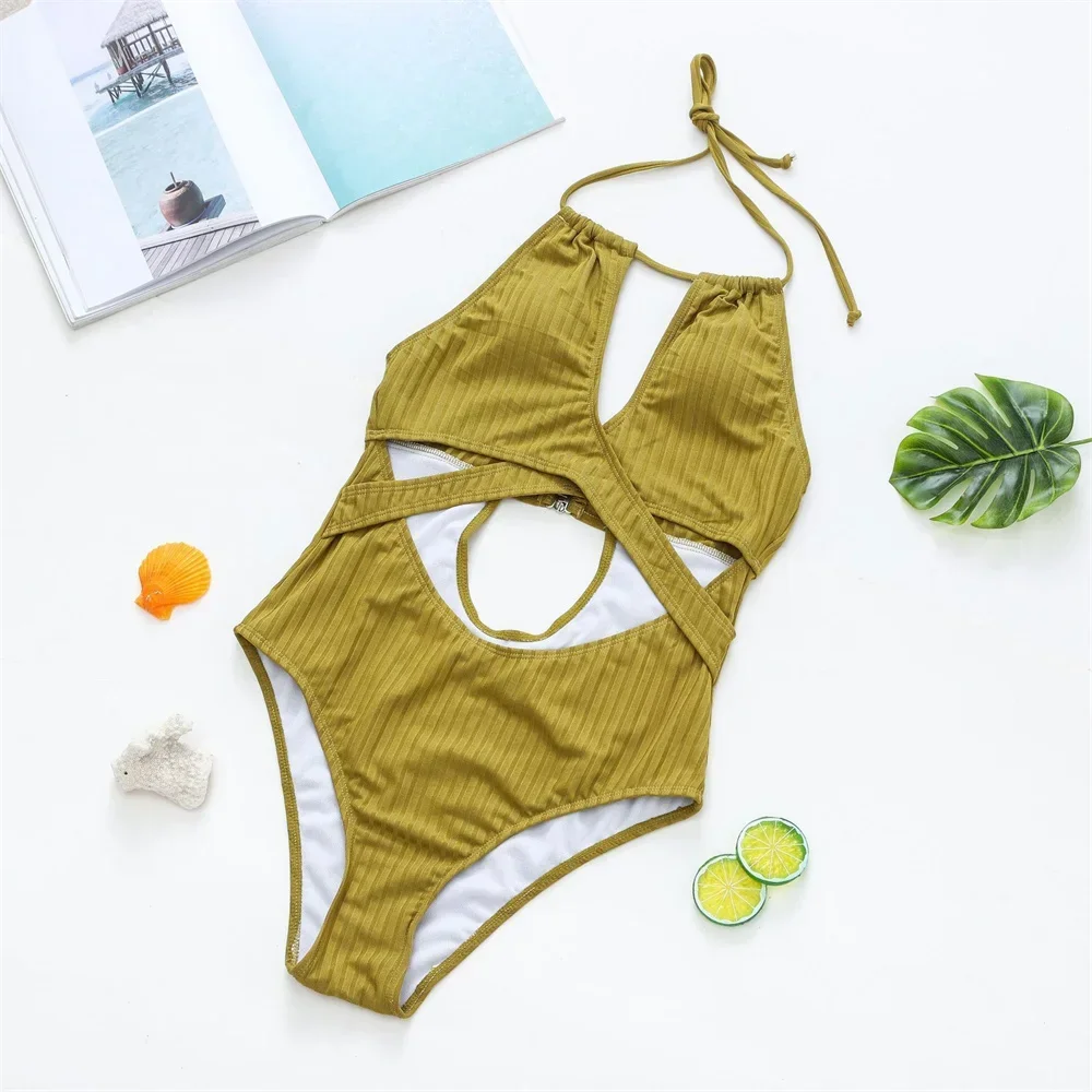 

Hollow Out Bandage Bikini Rib String Halter Backless Swimsuit Push Up Swimwear 1 Piece Women Beach Bathing Suit Vacation Outfits