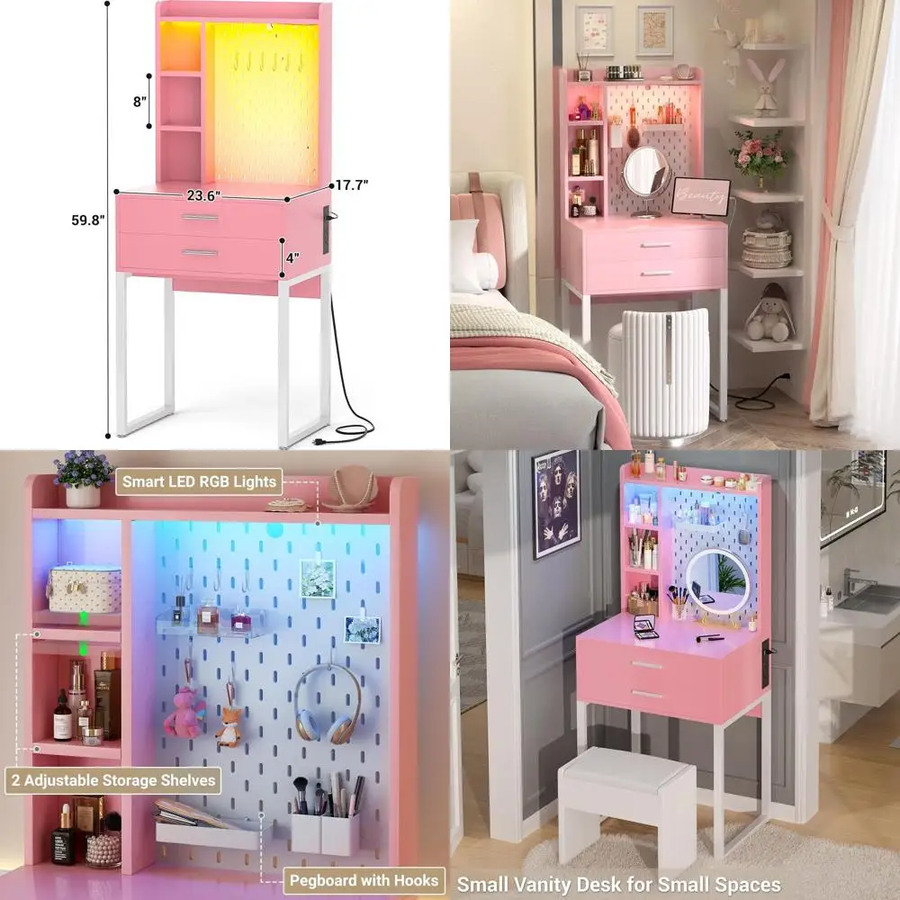

24-розовый туалетный столик с ящиком, светодиодной подсветкой, розетками и перфорированной доской для хранения женщин
