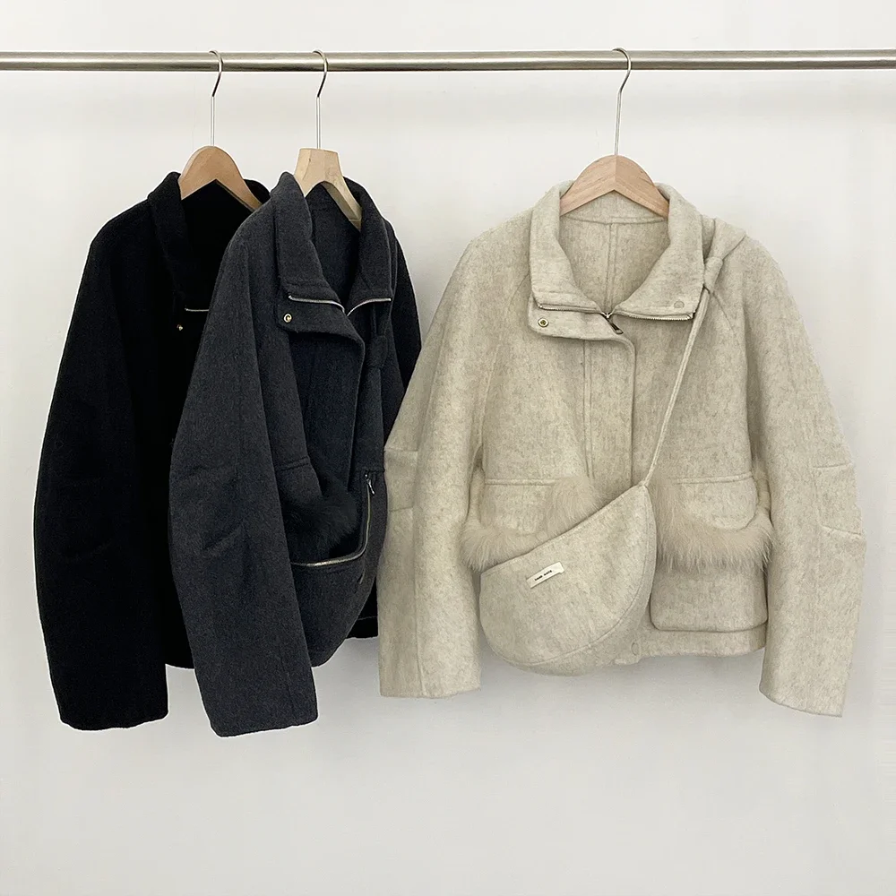 Vrouwen Echte Vos Bontjas Wollen Jas Rits Mode Casual Lange Mouwen Vrouwelijke Tas Herfst Lente Zakken Korte Wolmix Jas