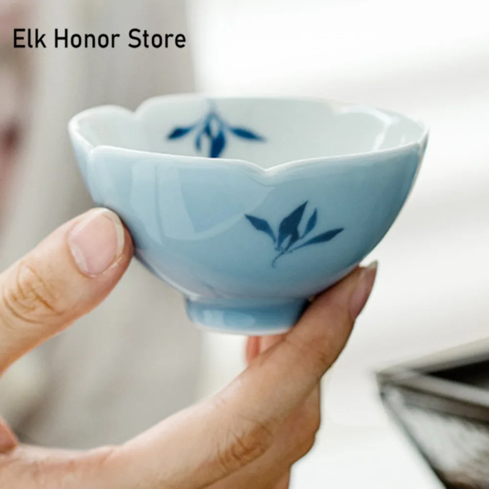 2pc/set Pure Hand Painted Butterfly Orchid Teacup Sky Blue Glazed Sample Tea Cup Sunflower Master Cup Puer Tea Bowl Teaset 65ml