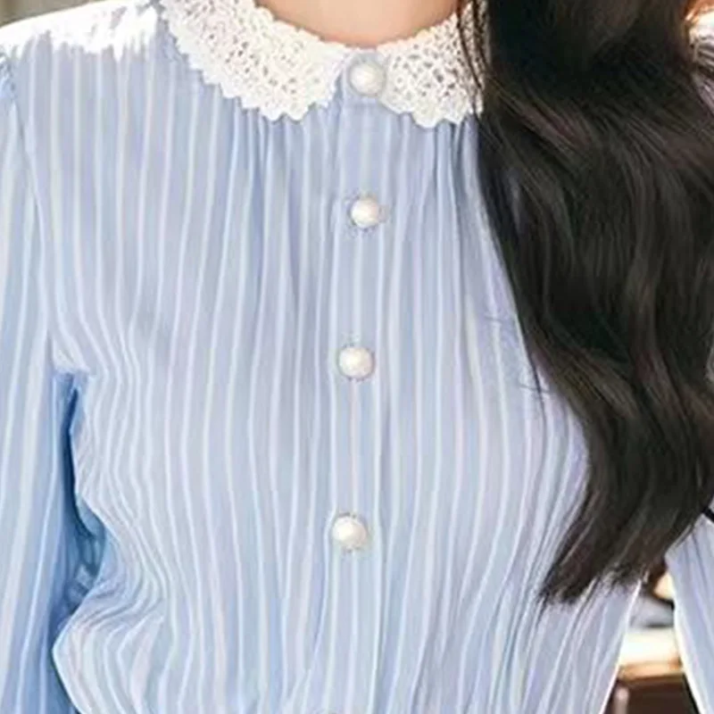 Ladies Spring Summer Temperament A Celebrity Button Striped Peter Pan Collar Women's Shirt Simplicity O-neck Long Sleeve Top Tee