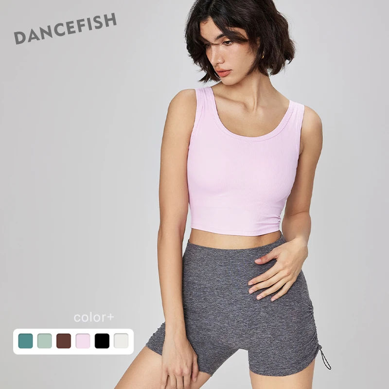 DANCEFISH Thin Ribbed Sports Top Women's Semi-Fixed Cup Underwear Summer Outer Wear Round Neck Fitness Vest Spring Yoga Bra