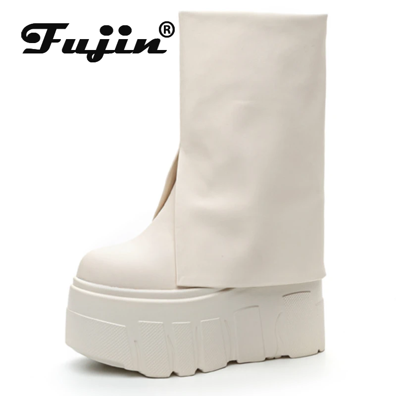 Fujin 14cm Slip on  Ankle Booties Shoes Boots Platform Wedge Ladies Fashion Botas Genuine Leather Boots Women Motorcycle Winter