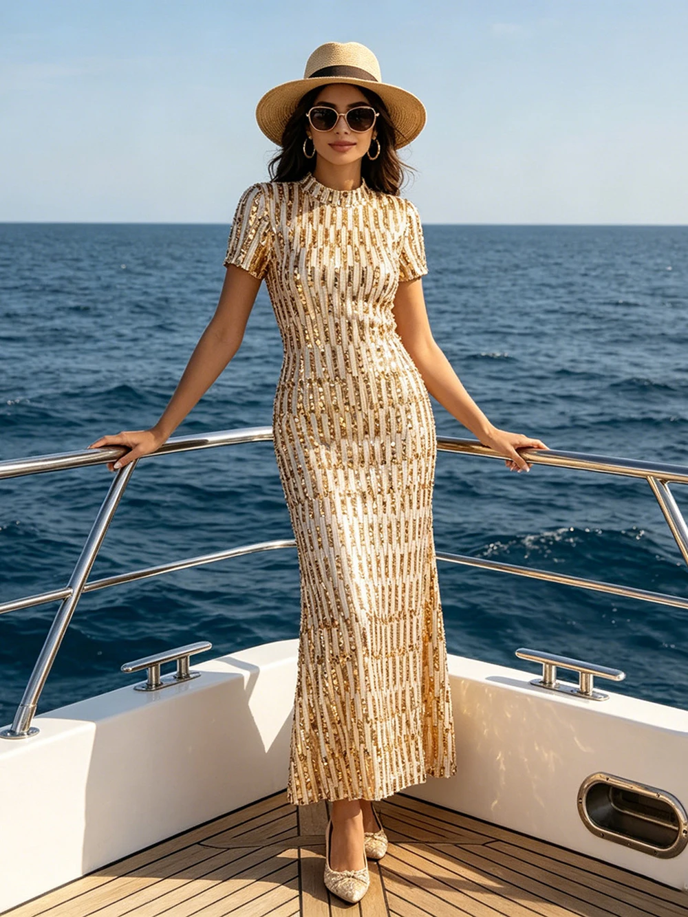 

Sexy Spicy Girl Retro Style 2026 Summer New Fashion Sequin Heavy Waist Slimming Half High Neck Dress
