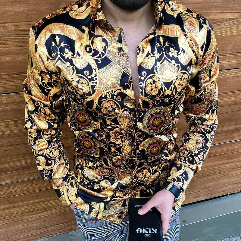 2024 Men's Chain Printed Long Sleeve Shirt Men's Casual All-match Fashion Street Men's Shirt Lapel Single-breasted Long Sleeve