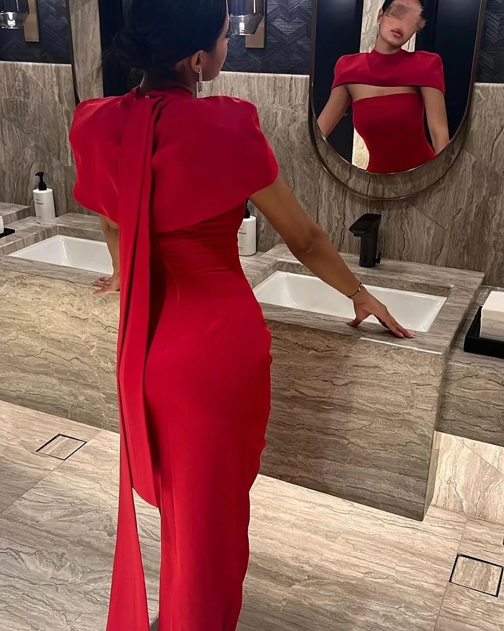 Msikoods Red Crepe Arabic Evening Dresses For Women Special Occasion Dress Cap Sleeves Customized Formal Night Club Party Gown