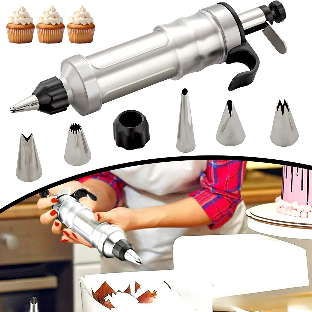 

Dessert Decorating Syringe Set Icing Piping Stainless Steels Cake Decorating Tools Piping Icing Nozzles Cupcake Decorating Kit