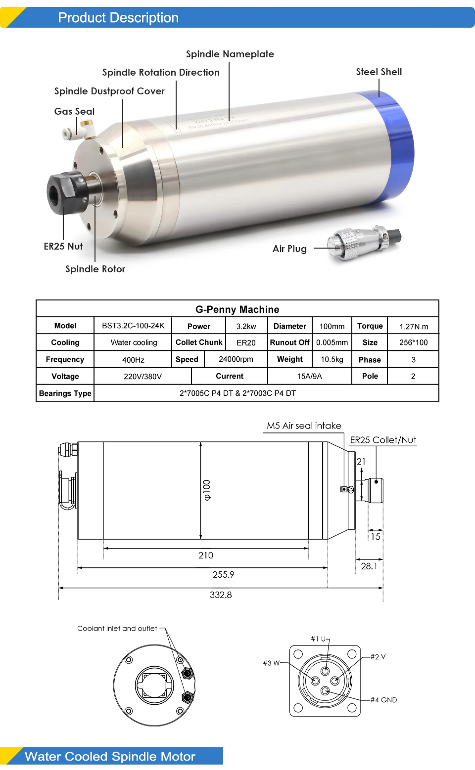G-Penny 3,2 kW ER20 Granitbearbeitungsspindelmotor Wasserkühlung Gasdüse Kugelform 220V/380V &Inverter&Halterung – Detail 2