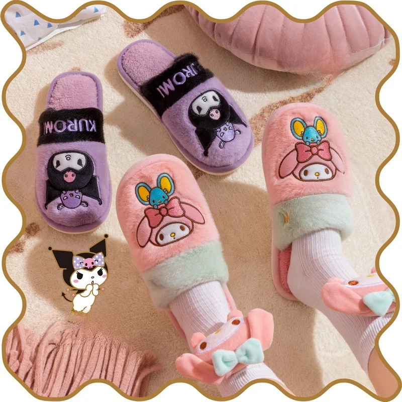 

Kids' Slippers House Shoes Kuromi Cartoon Bow Winter Shoes For Girls Warm Anti-slip Home Slipper Pruple Black Shoes Size 28-41