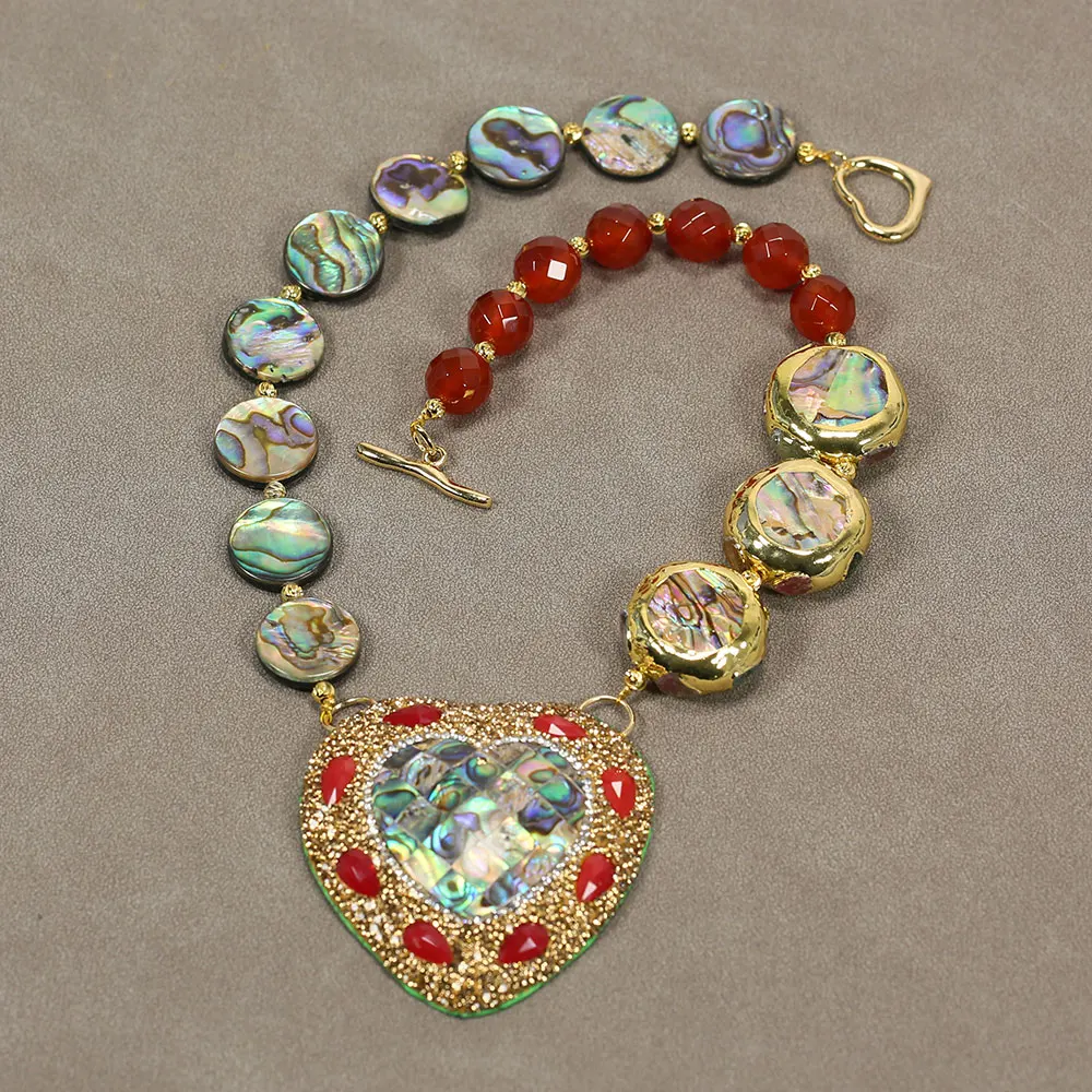 

GG Natural Mix Color Abalone Coin Gold Plated Red Agate Carnelian Necklace Abalone CZ Paved Heart Pendant Lady Gifts