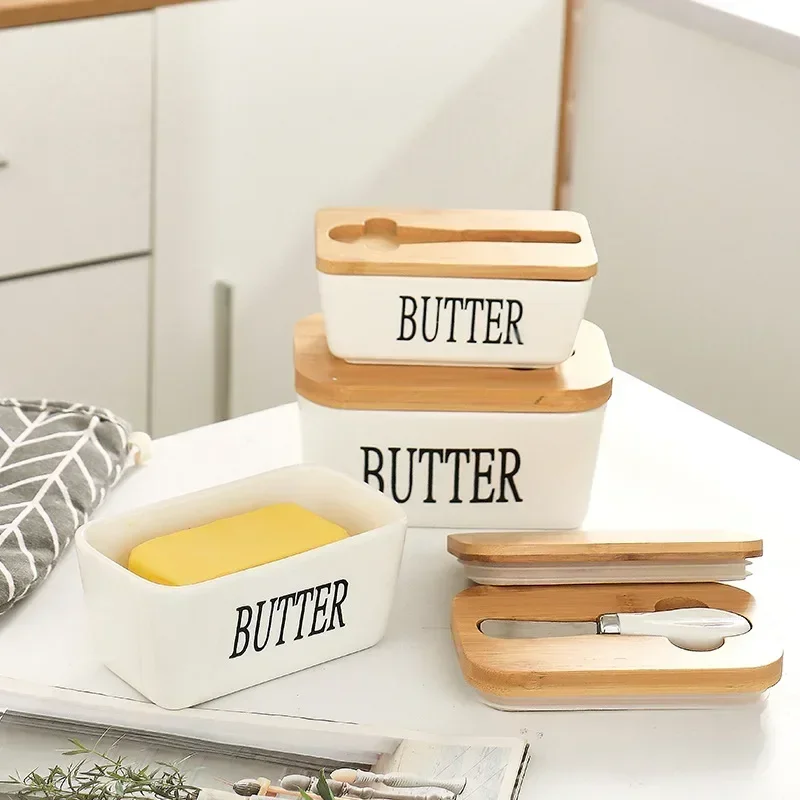 Ceramic Butter Bowl Restaurant Sealed Container Storage Box Cheese Box with Knife Bamboo Lid Butter Slicer Butter Dish Tableware