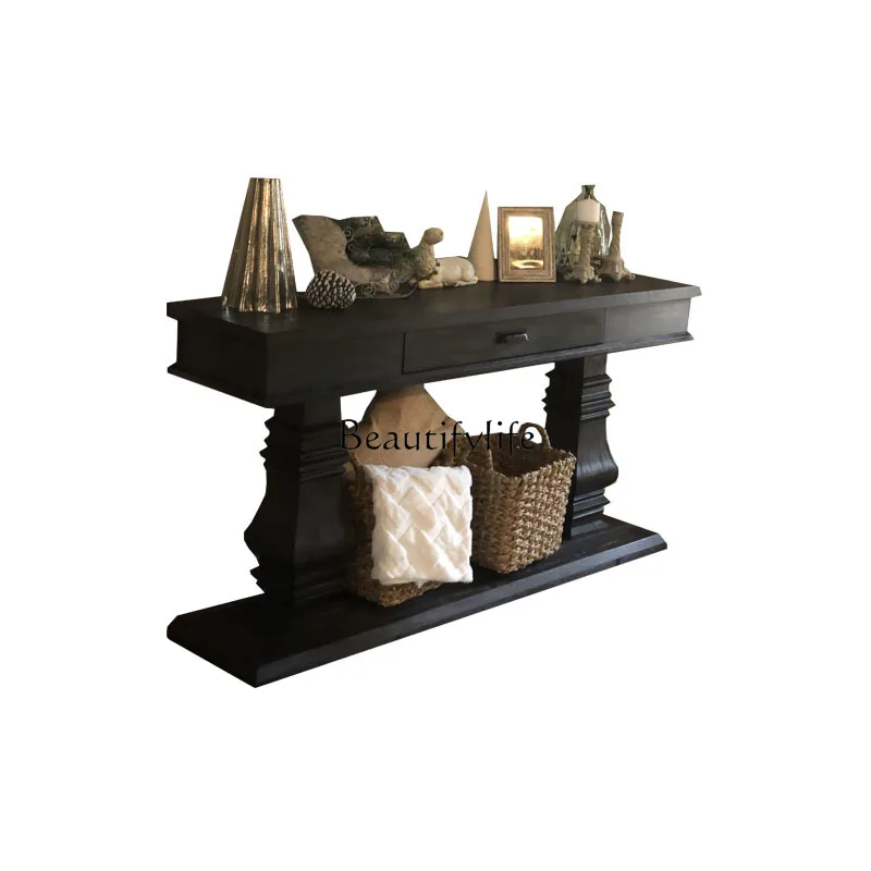 

*American rural retro solid wood entrance table, living room is very narrow against the wall French black entrance table