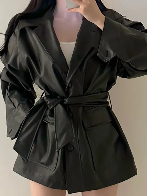 

Faionable Chic Long Stand Collar PU Leather Jaet Women's 2025 Trendy Streetwear Korean Sle Regular Sve Long Coat