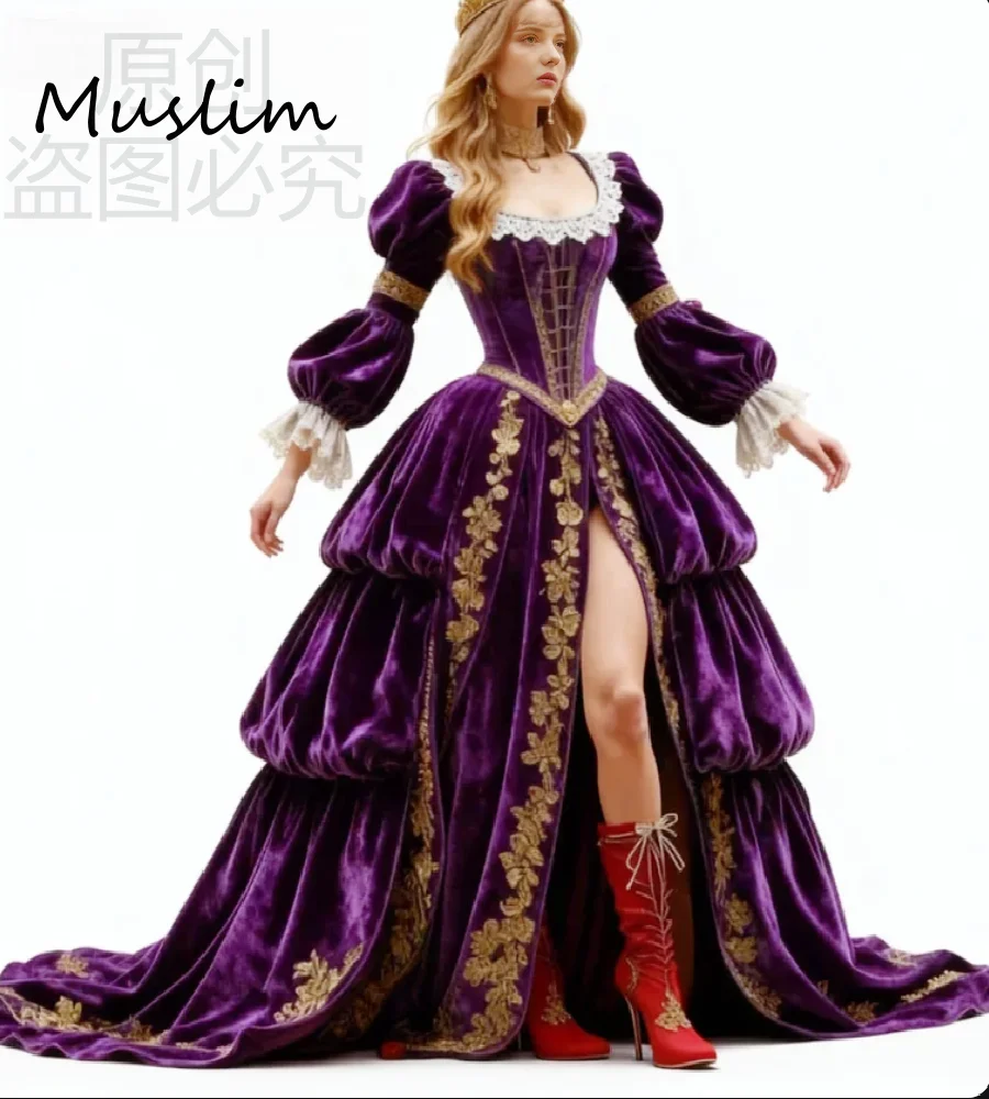 Vintage rode Victoriaanse avondjurk lange mouw kant Renaissance galajurk 2026 hoge split middeleeuwse tijdloze ceremonie formeel