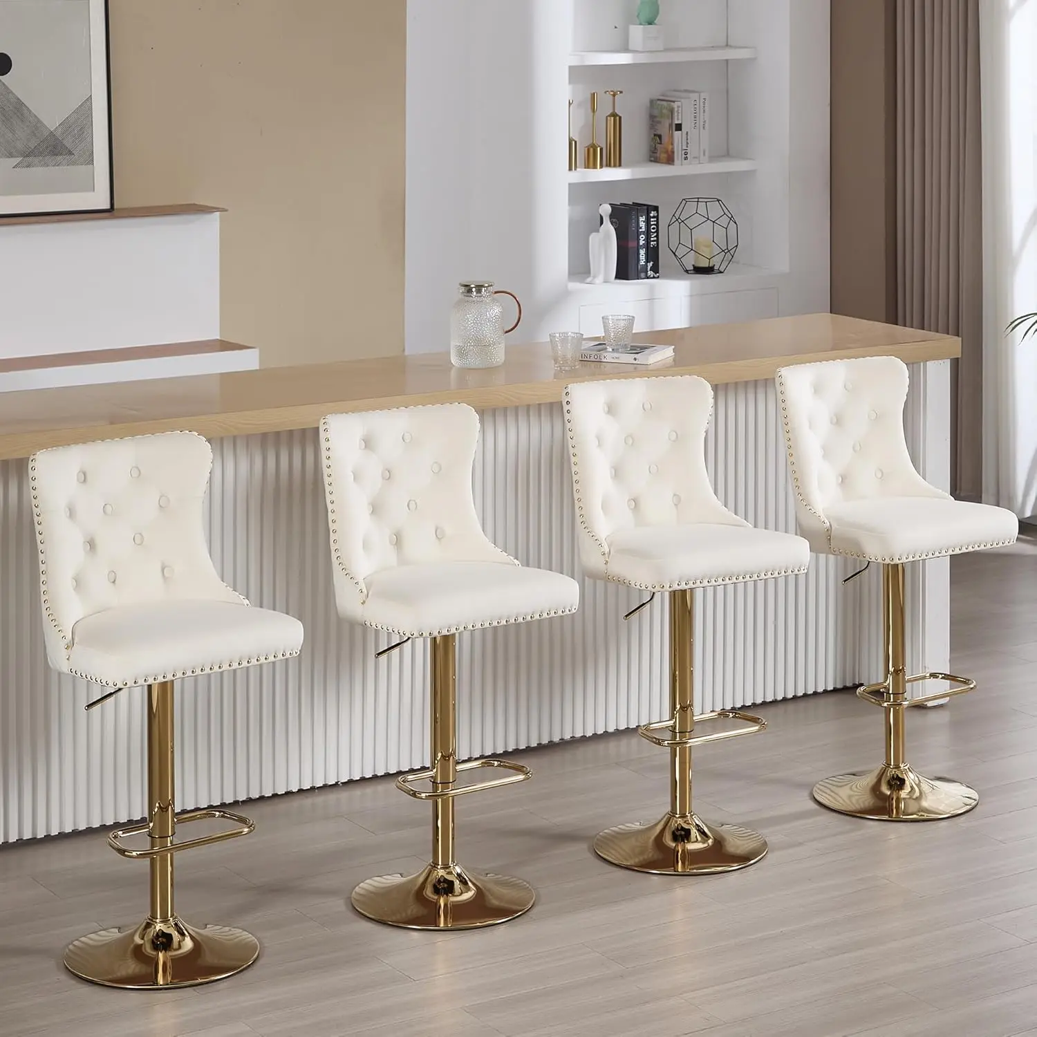 

Gold Bar Stools Set of 4, Adjustable Swivel Counter Stools with Lion Pull Ring, Velvet Tufted Barstools Upholstered Bar Chairs