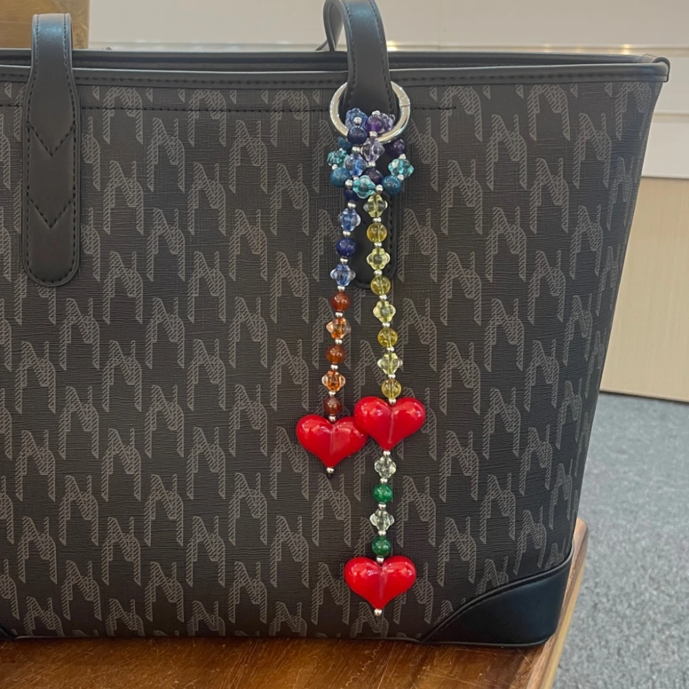 

HERLOOK Vintage Colorful Natural Stone Red Heart Bag Charm Rainbow Beads Bag Chain Accessories for Women Gift