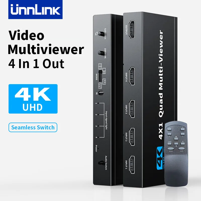 

Unnlink 4K HDMI Multiviewer 4x1 Quad Screen Real Time Multi Viewer 4 in 1 Seamless HDMI Switcher with Remote Control