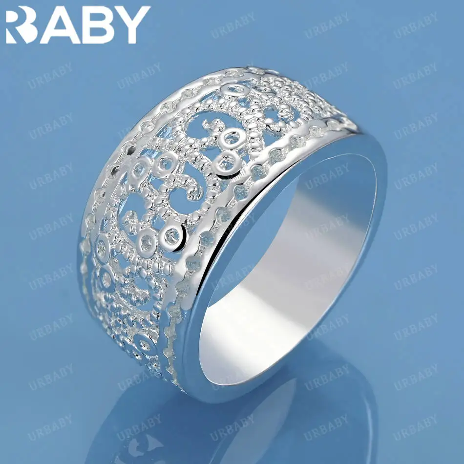 

URBABY 925 Sterling Silver Size 7-9 Retro Hollow Pattern Ring For Women Fashion Jewelry Vintage Grace Charm Noble Party Birthday