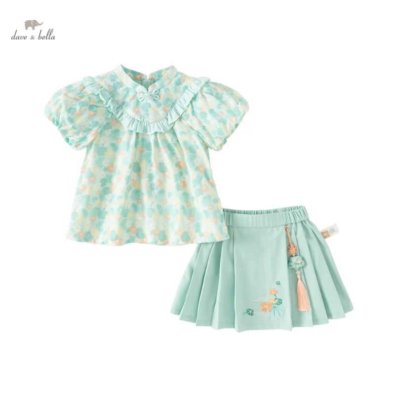 Dave Bella Girl\'s Suit 2024 New Summer Children Two-Piece Set Short Sleeves Skirt Cute Charm Sweet Fashion Casual Cool DB2240337