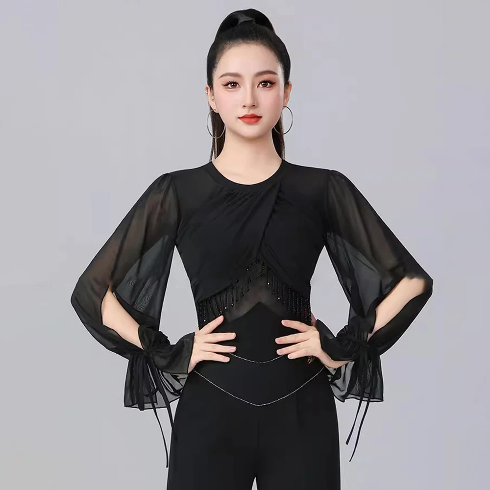 

2025 New Latin Dance Tops for Women Ballroom Shirts Long Sleeve Modern Waltz Blouse Salsa Rumba Performance Clothes Black Red