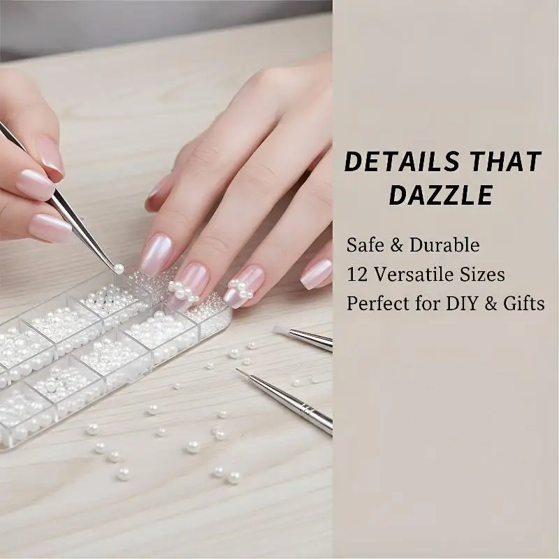 12Grids Shiny Silver Half Round Nail Studs Beads Flatback Pearl Rivets Mixed Size Y2K Nail Art Decorations DIY Manicure Charms