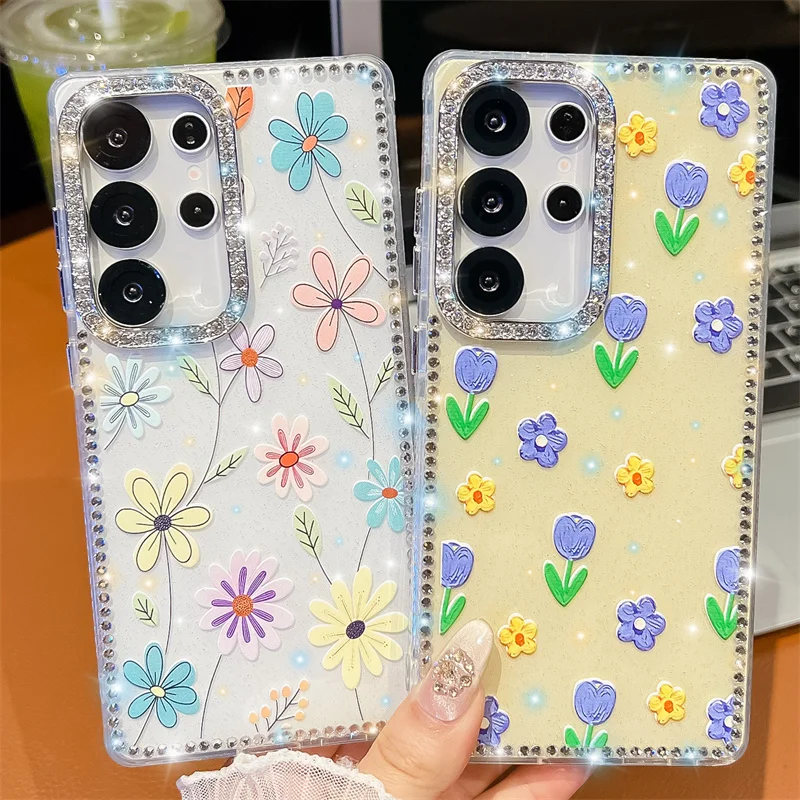 

Glitter Jewelled bord Floral Case For Sansung Galaxy S25 plus S24 FE S23 Ultra A07 A17 A16 A26 A36 A56 A15 A35 A55 mirror holder