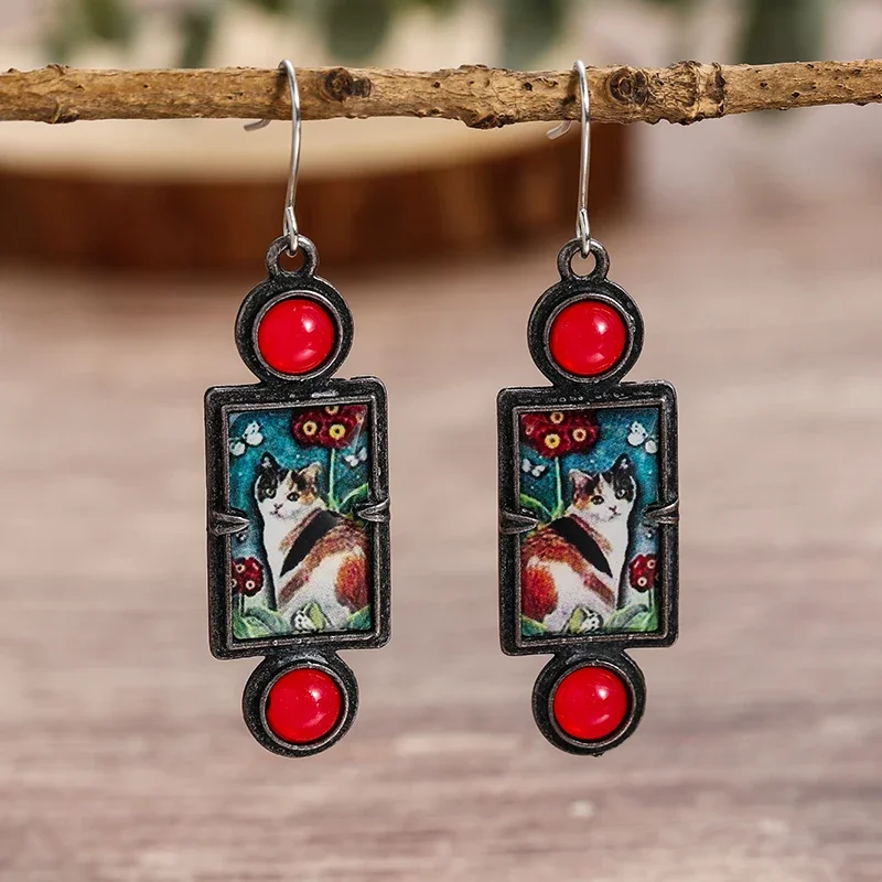 

2023 New Vintage Cute Cat Earrings Animal Jewelry Red Stone Antique Metal Geometric Drop Earrings for Women Girls Accessories