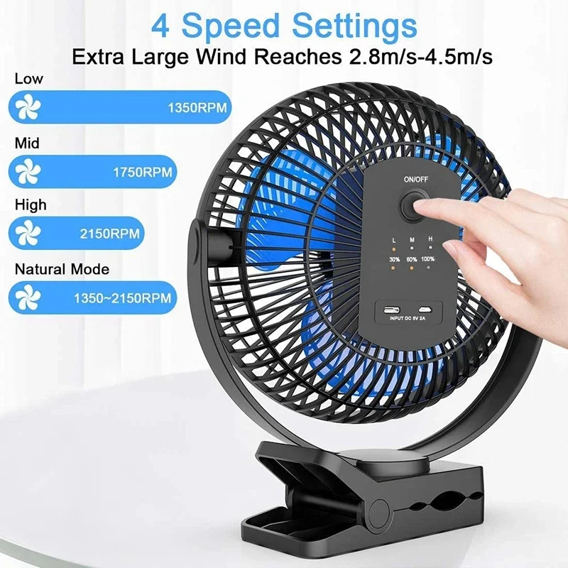 10000mAh 8-Inch Rechargeable USB Desktop Fan Portable Clip on Fan 4 Speeds Low Noise Air Circulating USB Fan For Home Office