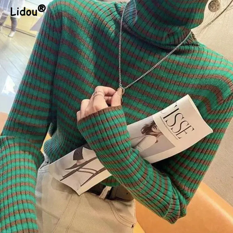 Autumn Winter Striped Turtleneck Knitted sweaters for women 2022 new long sleeve top Women sweater All-match bottoming shirt